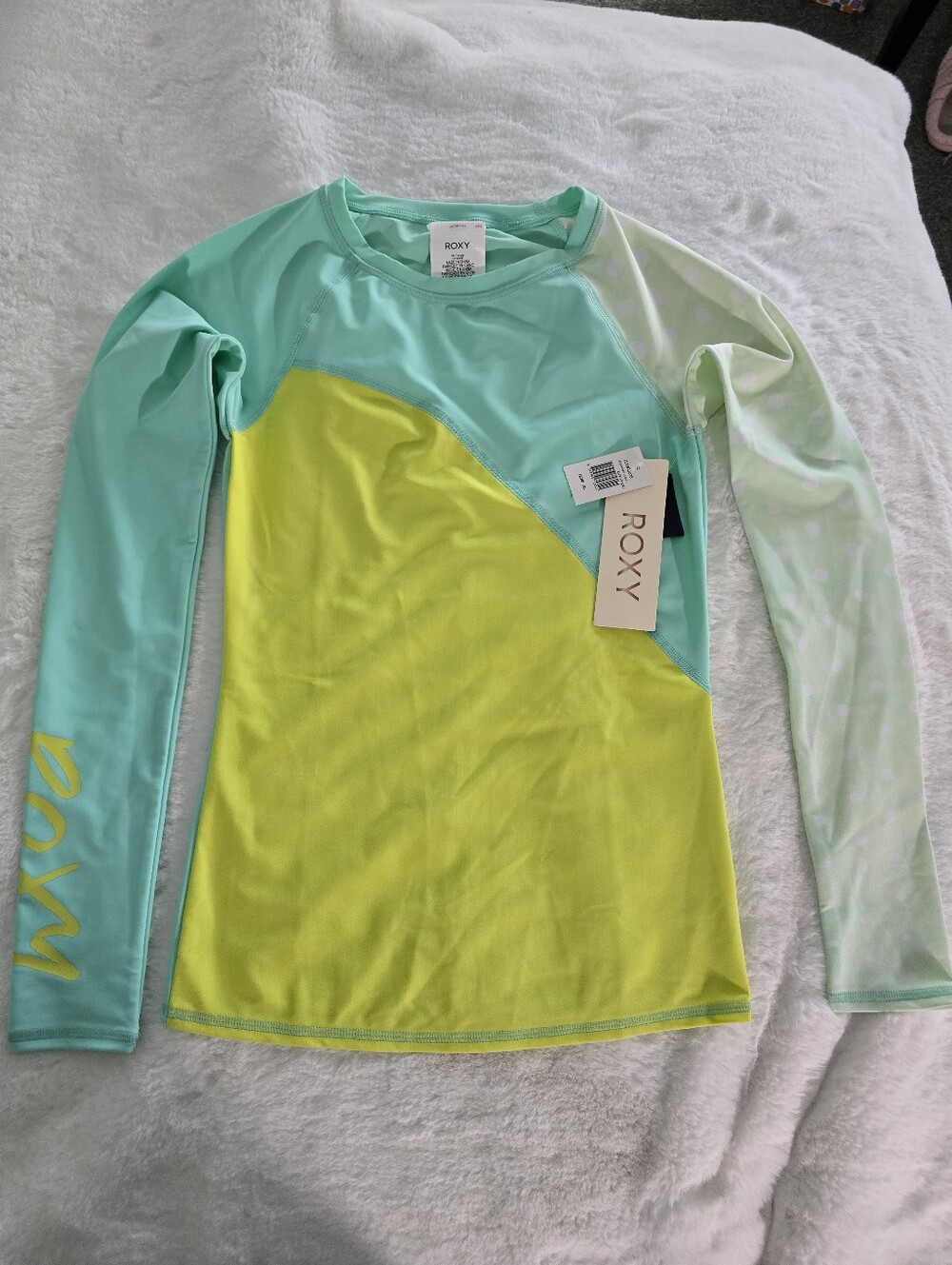 Roxy Mint & Neon Yellow Colorblock Long Sleeve Rash Guard (NWT)
